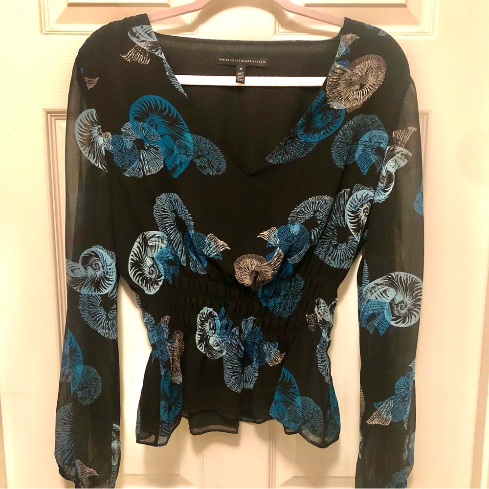 WHITE HOUSE BLACK MARKET beautiful blouse. Sheer sleeves. Ruched waist Sz M